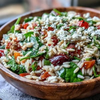 Warm Greek Style Orzo Salad with vibrant feta, vegetables, and herbs.