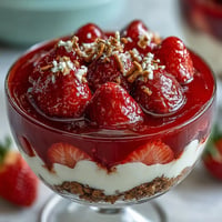 Close-up of Strawberry Pretzel Jello Salad with vibrant berry layer.