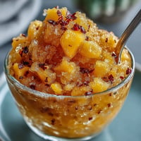 Vibrant mango chili crisp granita with specks of red chili in a refreshing icy mound.