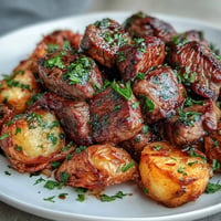 Golden garlic butter steak bites nestled with crispy roasted potatoes, ready to serve.