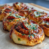 Golden Hot Honey Pepperoni Pizza Rolls glistening with sweet heat and cheese.