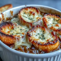 Roasted Cabbage French Onion Soup with melted Gruyère and golden baguette croutons.