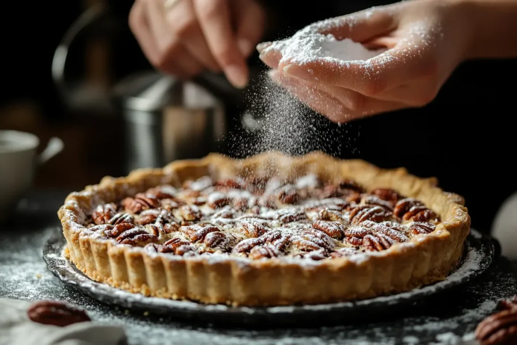 Powdered sugar dusting on pecan pie