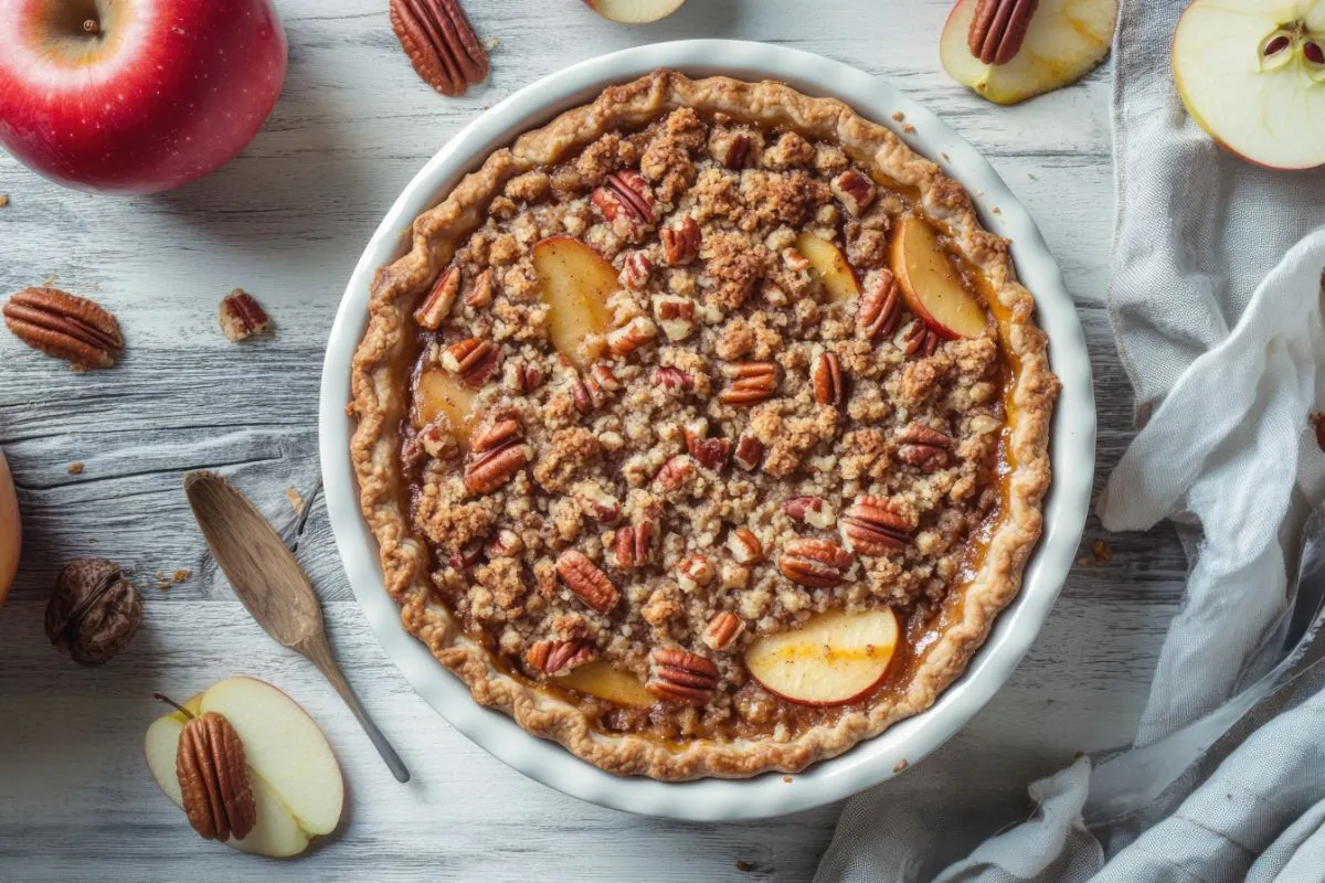 A creamy pecan pie dip served in a bowl, topped with caramel drizzle and toasted pecans, surrounded by graham crackers and apple slices for dipping.