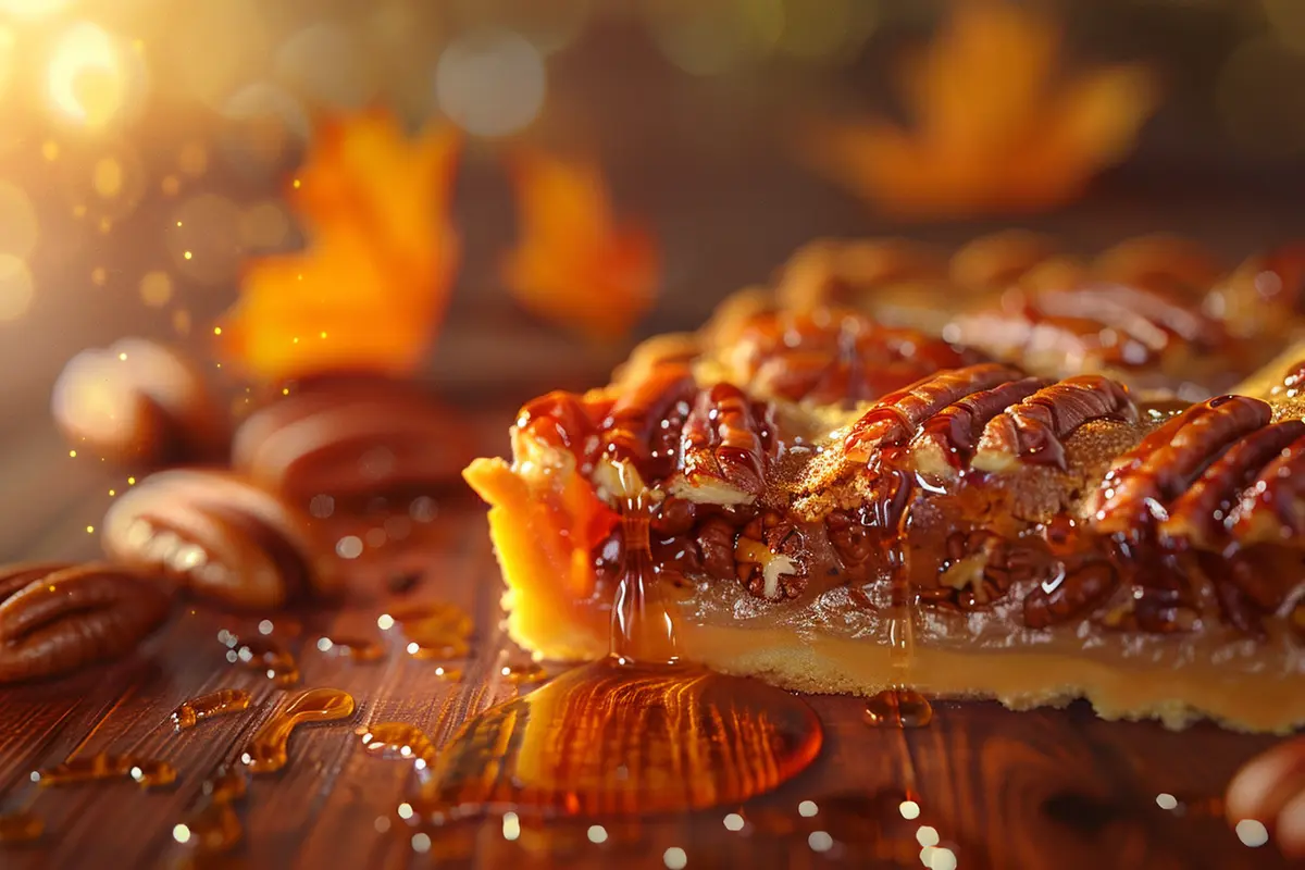 Pecan pie slice made with maple syrup as a substitute for corn syrup