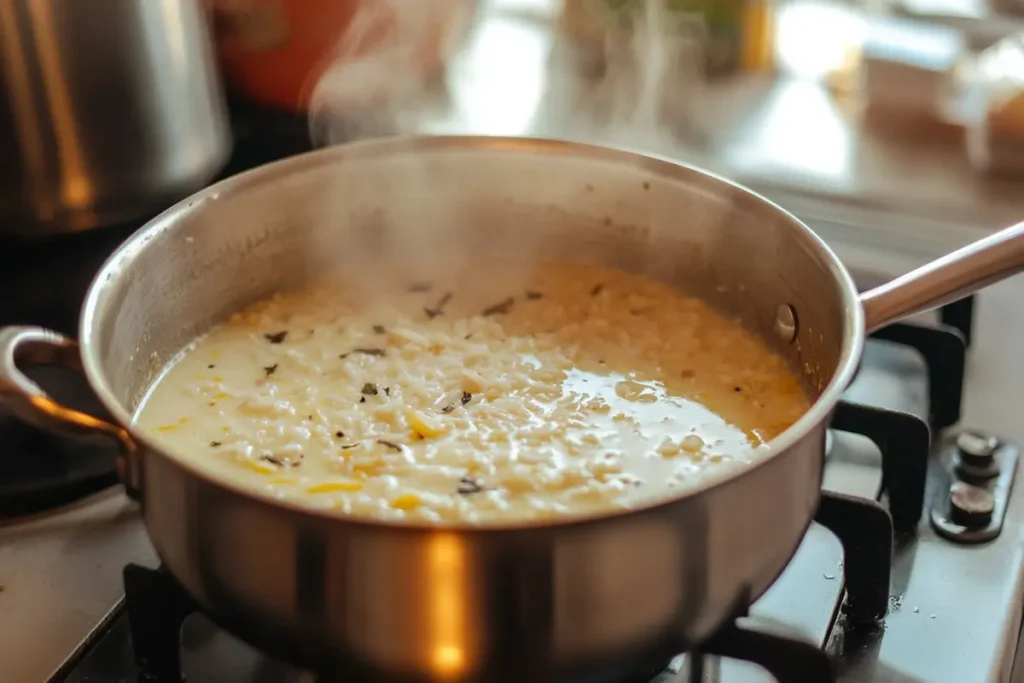 Pot of simmering Avgolemono soup on a stovetop with steam rising.