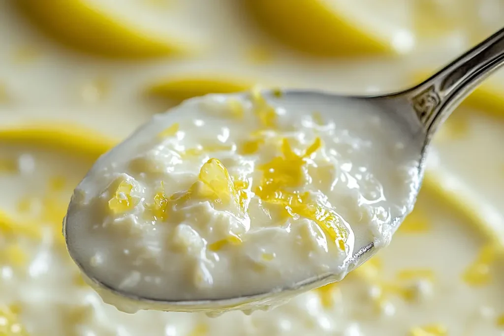 Close-up of the velvety texture of Avgolemono soup in a spoon.