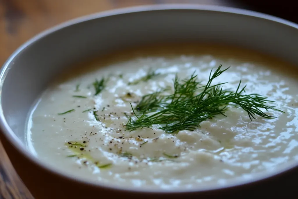 Bowl of creamy Avgolemono soup with fresh dill garnish on a rustic table.