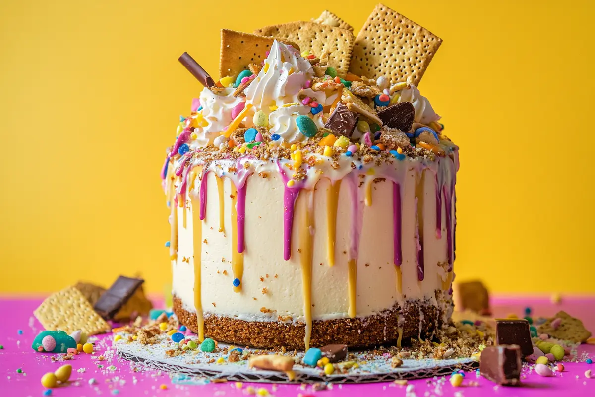 A cake dirty showing messy frosting and unique additives.