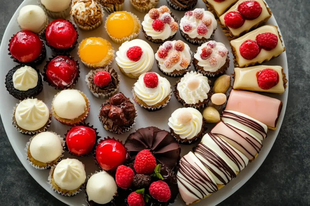 A beautifully arranged platter of various easy mini desserts, including cheesecakes, parfaits, and brownies.