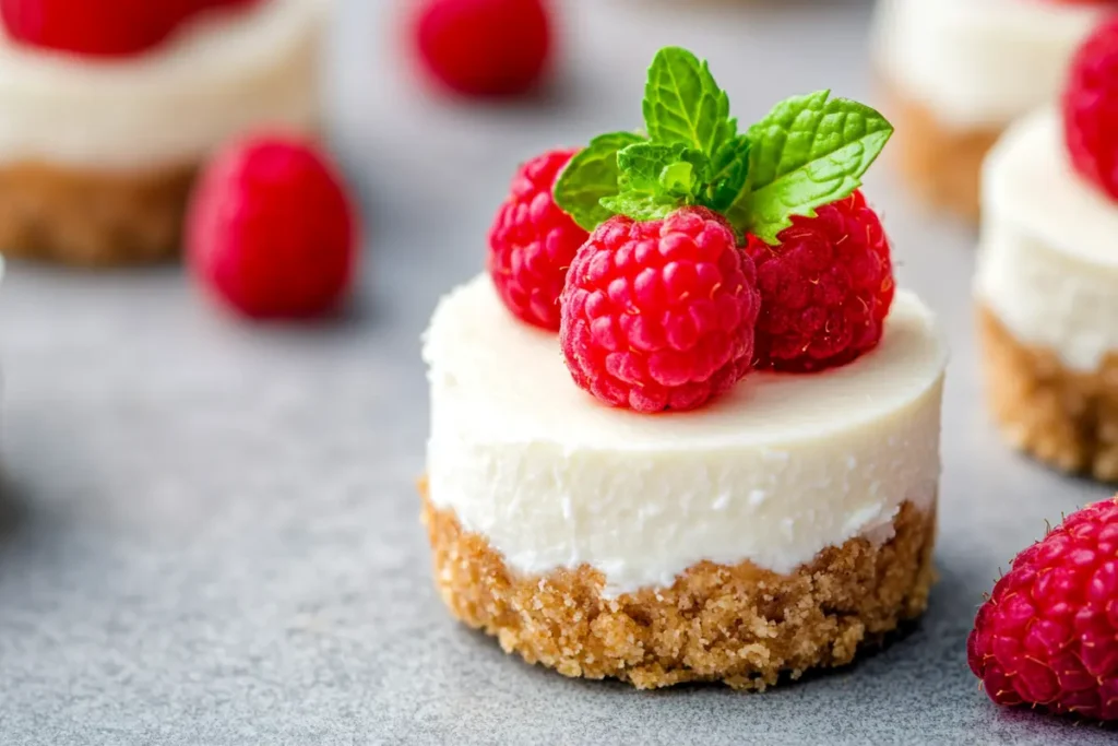 Close-up of a mini no-bake cheesecake topped with fresh raspberries and mint.