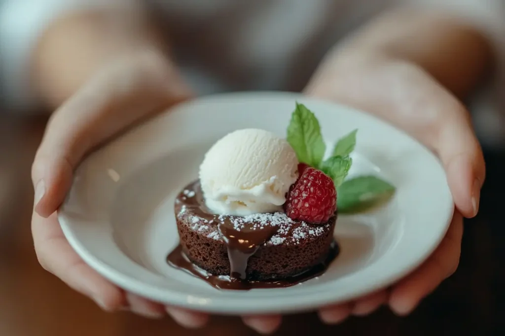 Hands holding a mini chocolate lava cake with molten chocolate center, with vanilla ice cream on the side.