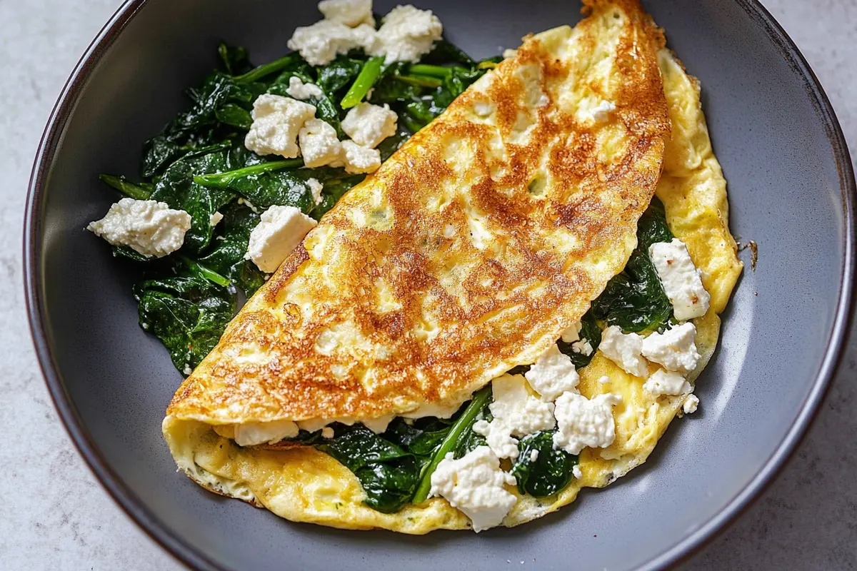 A freshly prepared Greek omelette spinach, ready to serve.