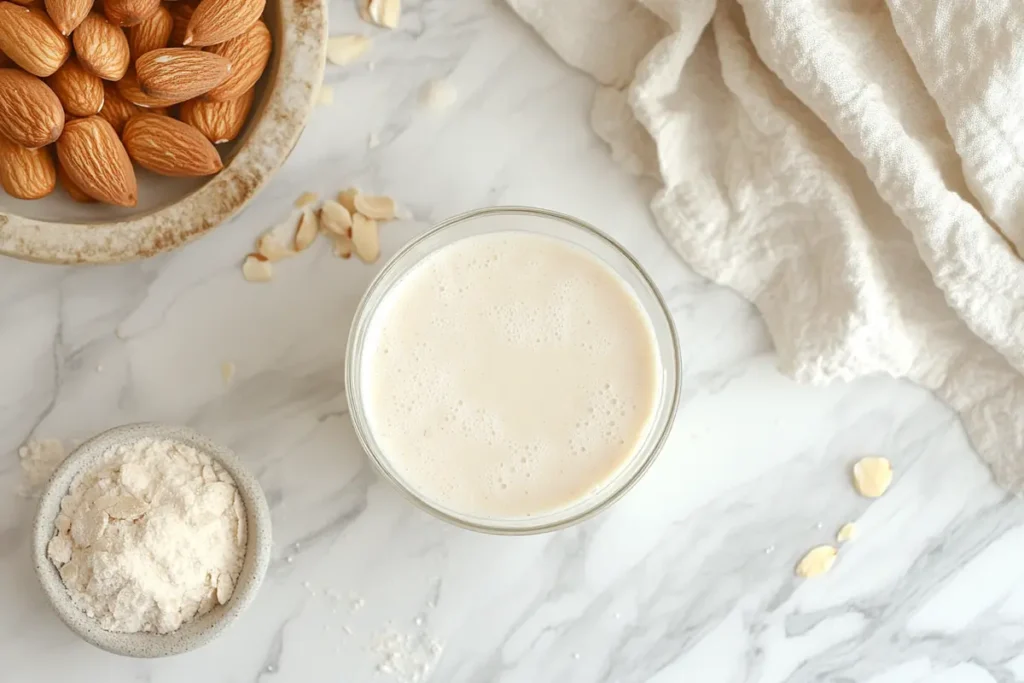 A glass of almond milk with almonds.