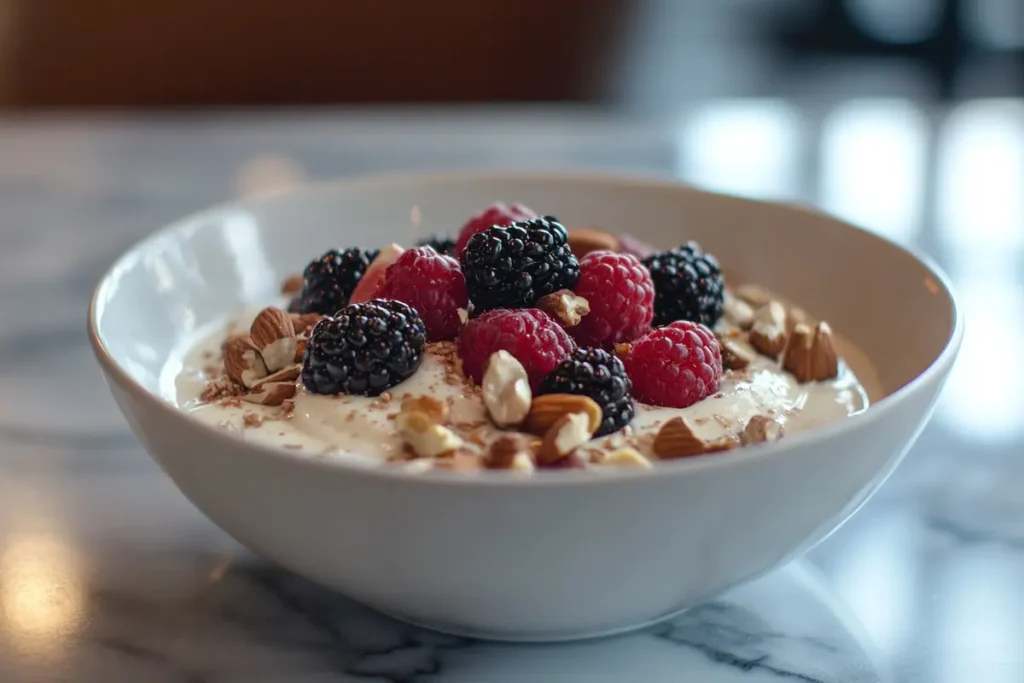 A low-carb breakfast bowl with almond milk.