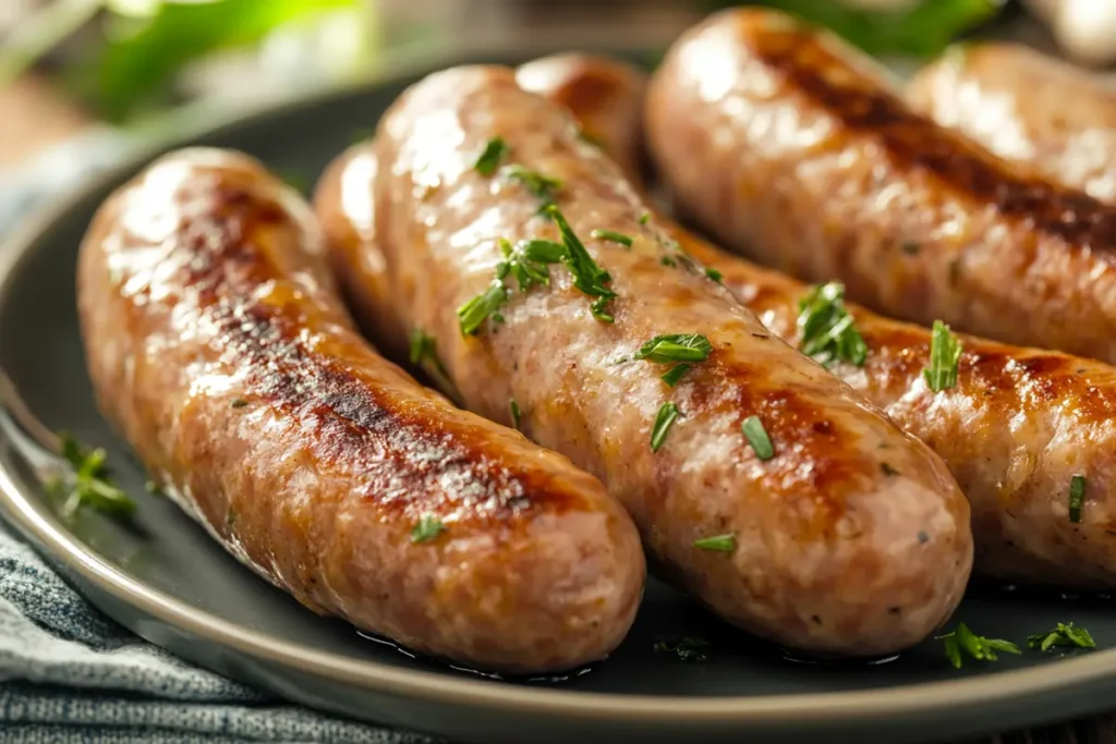 Turkey sausage links on a plate, highlighting lean appearance.