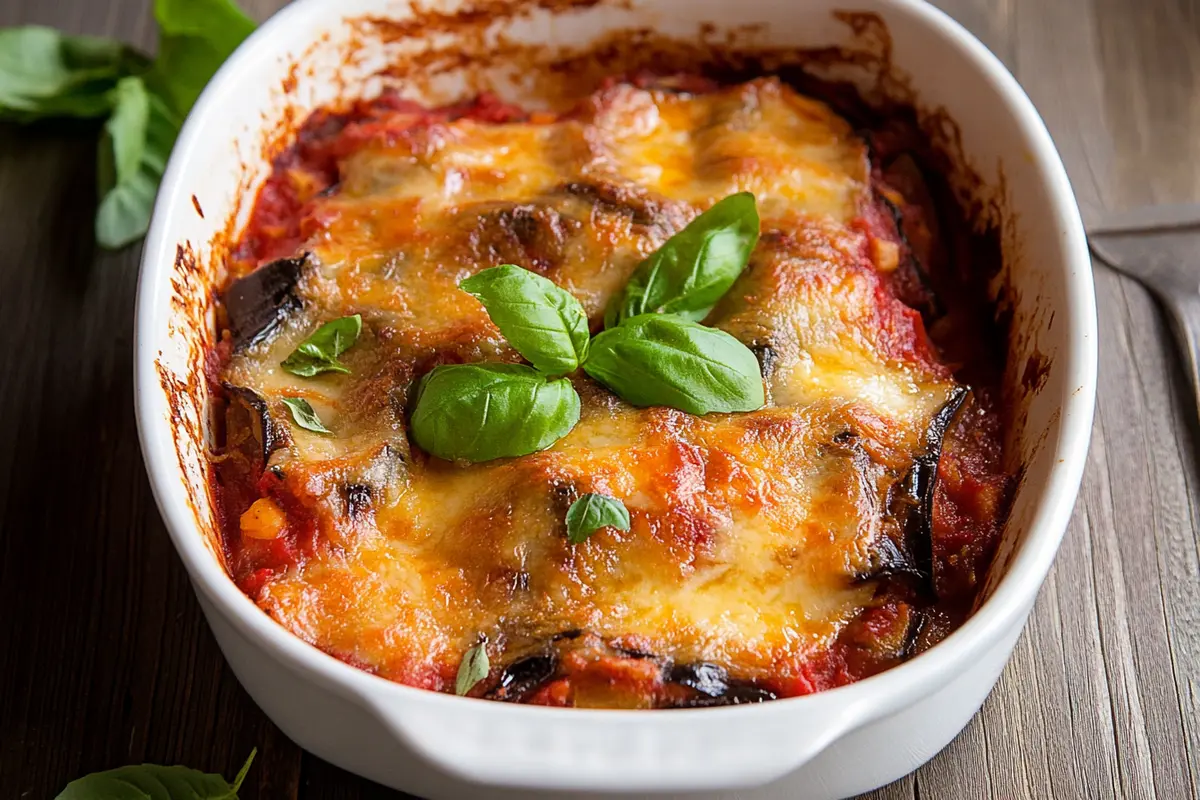 A serving dish of Italian eggplant casserole, baked to perfection.