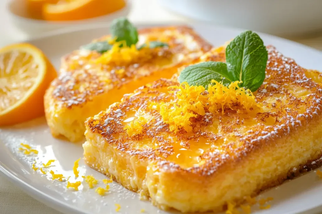 Orange infused Spanish Toast with orange zest garnish.