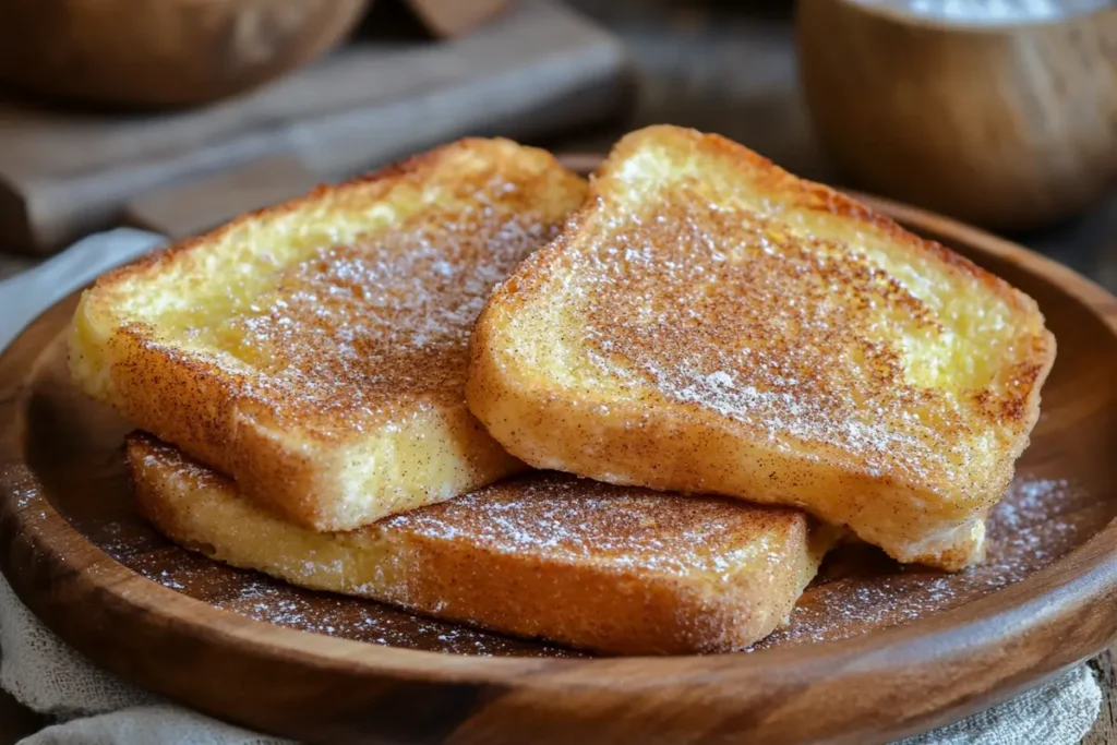 Golden brown Spanish Toast dusted with cinnamon sugar on a plate.