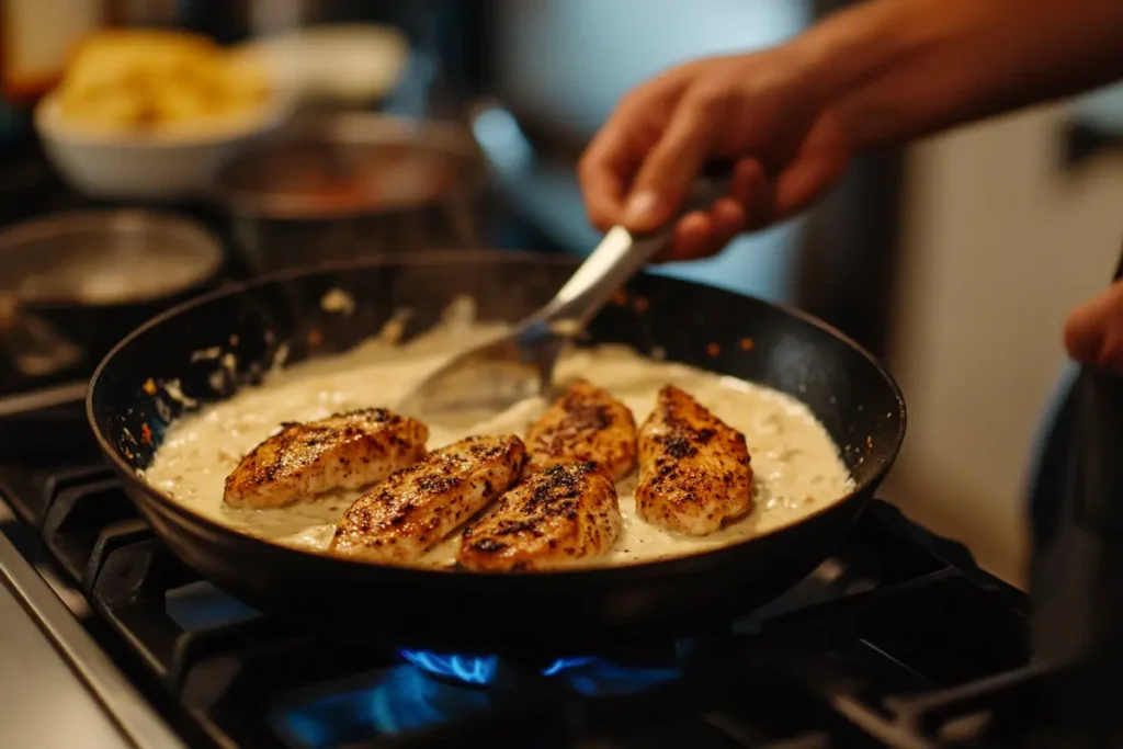 Reheating blackened chicken alfredo on the stovetop in a pan.