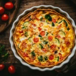 A tortilla quiche bake with a golden brown top.