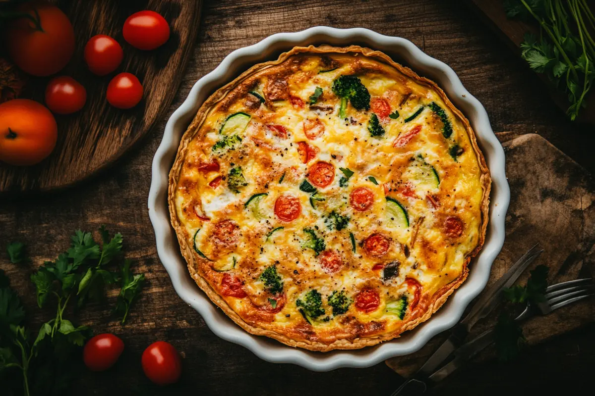 A tortilla quiche bake with a golden brown top.