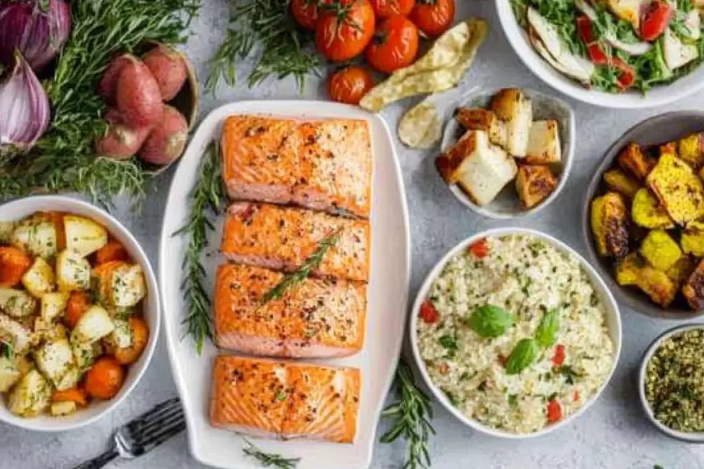 Assortment of side dishes for salmon: roasted vegetables, risotto, quinoa, salad.