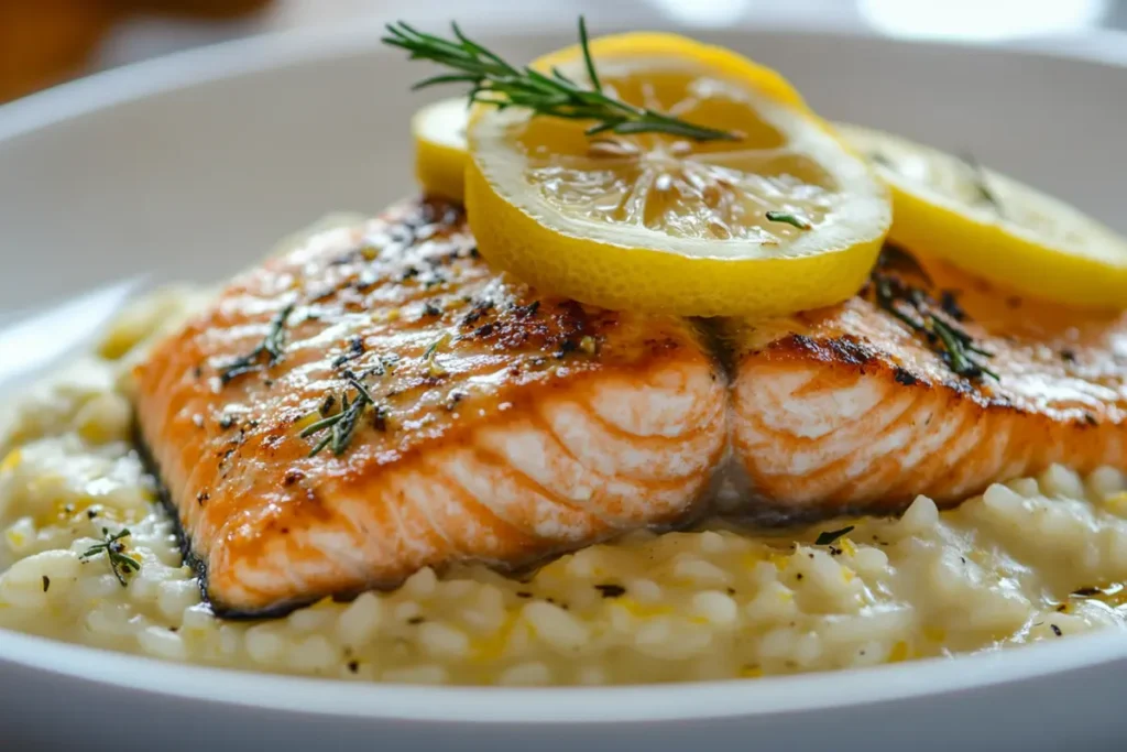  Salmon fillet with roasted asparagus and lemon, showcasing a healthy and classic pairing.