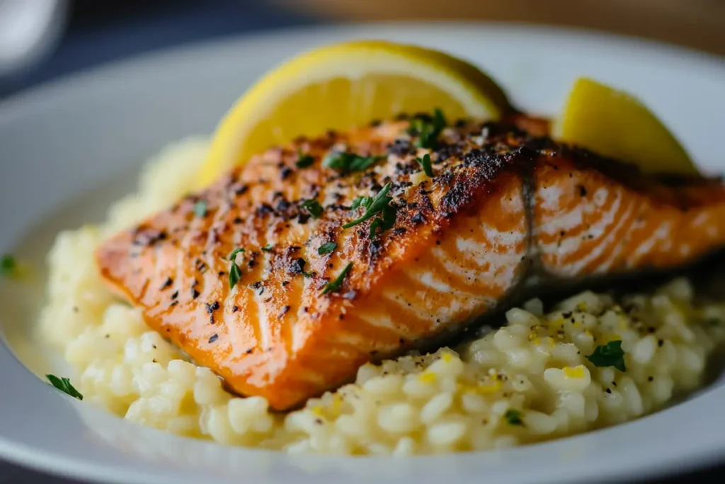 Close-up of salmon with creamy risotto, highlighting a more indulgent pairing.