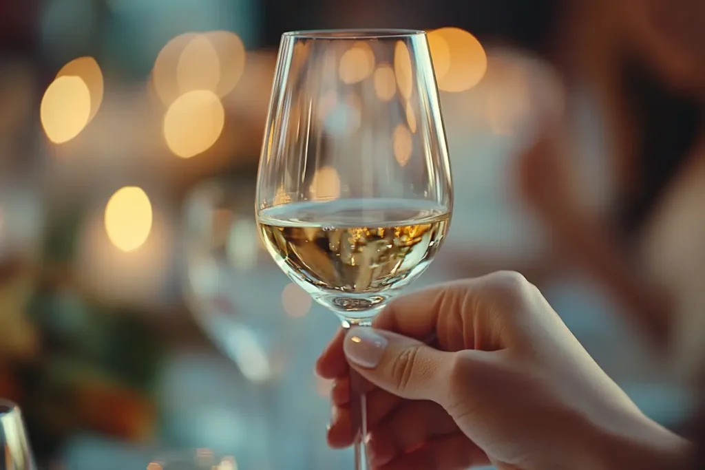 Close-up of a hand holding a wine glass during a toast.