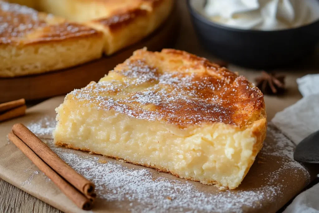 Slice of Karpouzopita (Greek watermelon pie), showcasing rustic texture and cinnamon dusting.