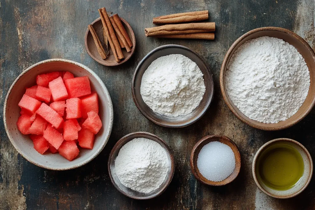 Key ingredients for Karpouzopita: watermelon rind, flour, sugar, cinnamon, olive oil.