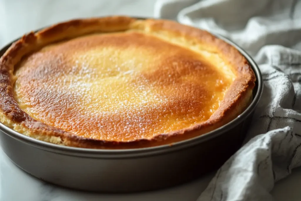 Whole Karpouzopita in a baking pan, golden brown and rustic appearance.