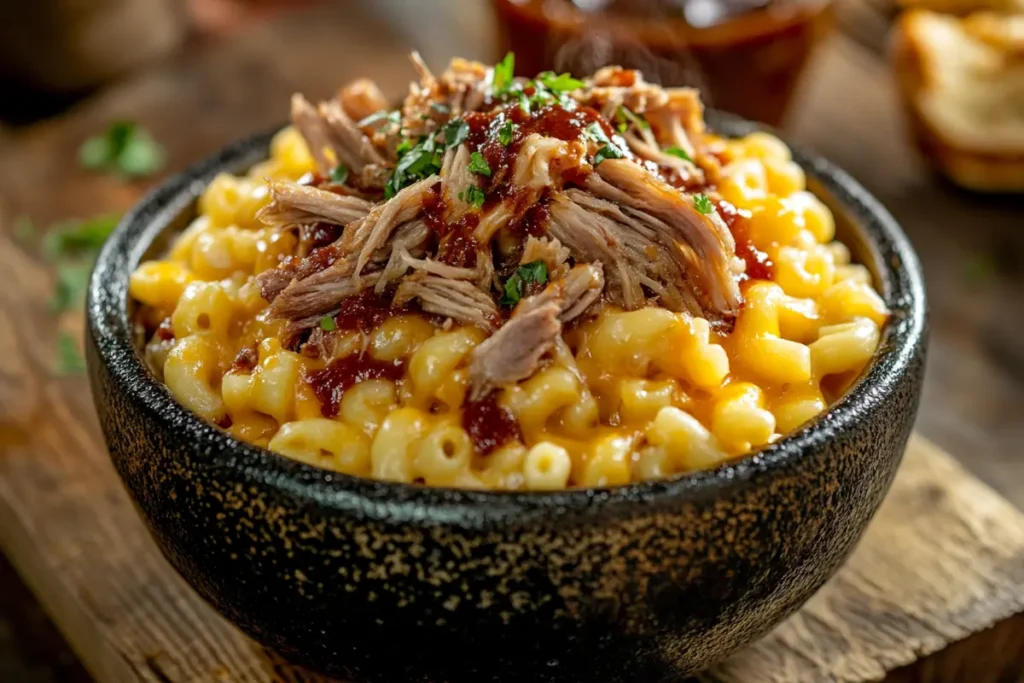 Pulled pork mac and cheese, showcasing creamy mac and cheese topped with pulled pork.