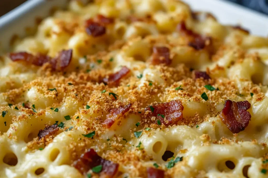 Bacon mac and cheese, emphasizing crispy bacon topping on creamy mac and cheese.