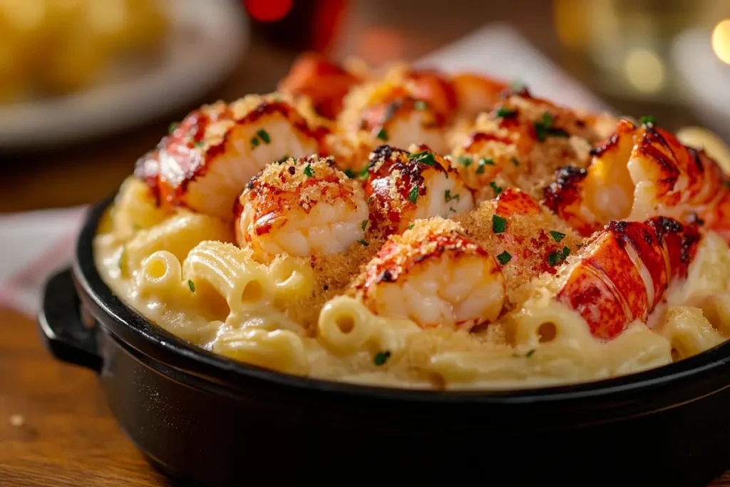 Lobster mac and cheese, highlighting luxurious lobster meat in cheesy pasta.