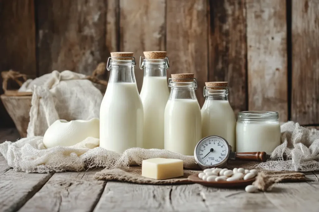 Assortment of different milk types in glass bottles, arranged with cheese making equipment.