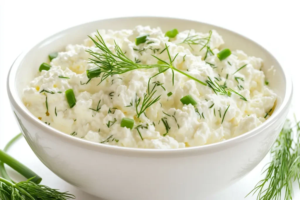 Bowl of fresh homemade cottage cheese with herbs.