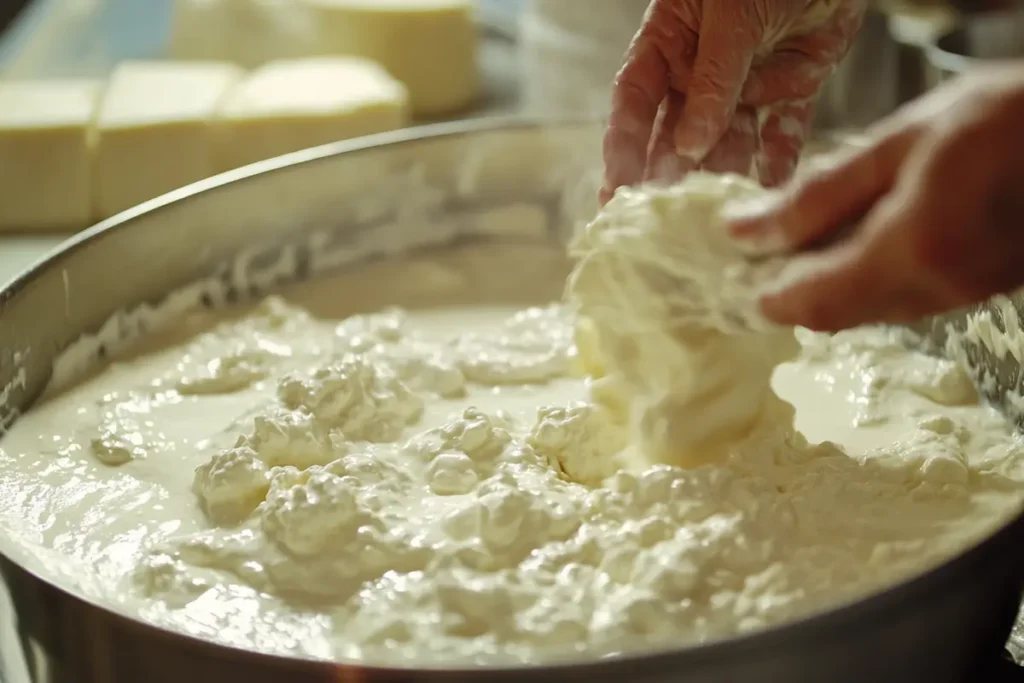 Step-by-step process of making cottage cheese in a kitchen setting.