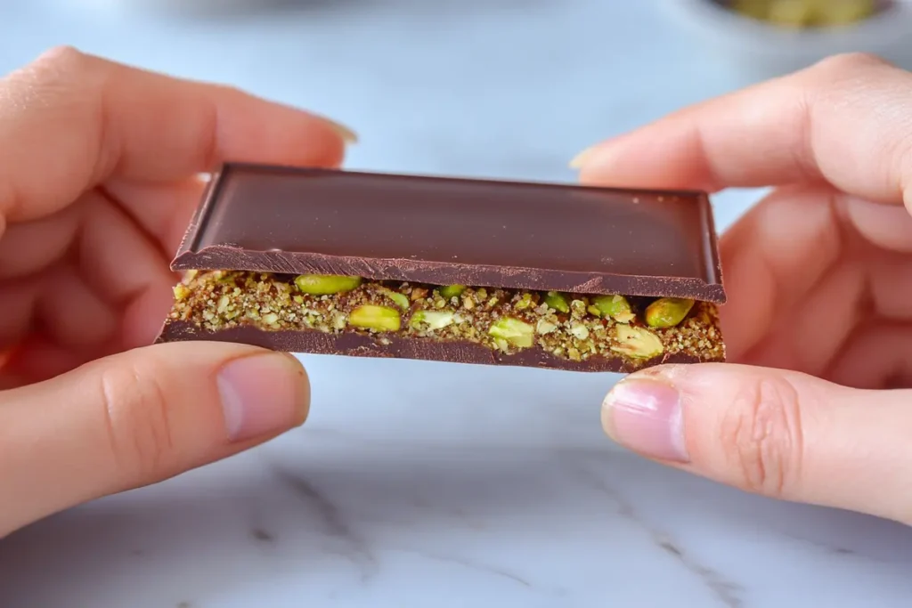 Hands breaking open Dubai viral chocolate bar revealing kunafa and pistachios.