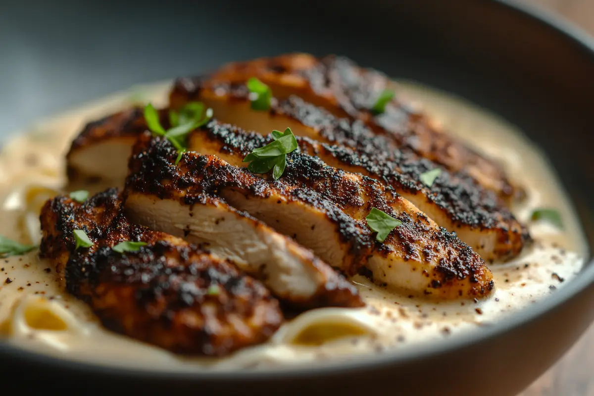 Delicious blackened chicken alfredo dish.