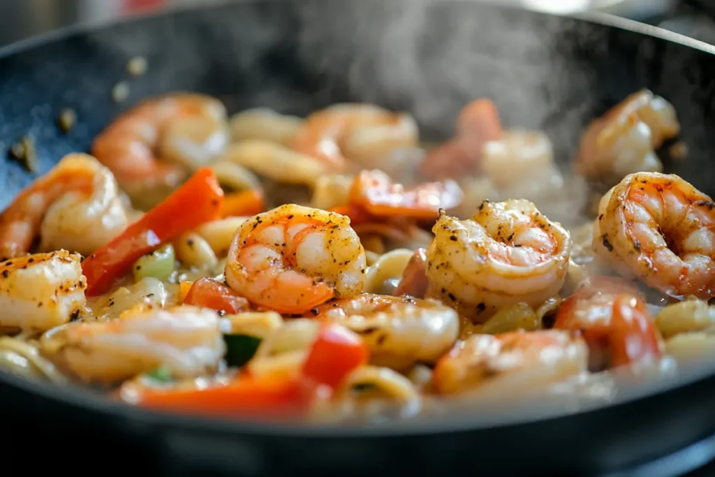 Cajun shrimp pasta in a skillet, emphasizing cooking process