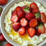 A bowl of cottage cheese strawberry dip.