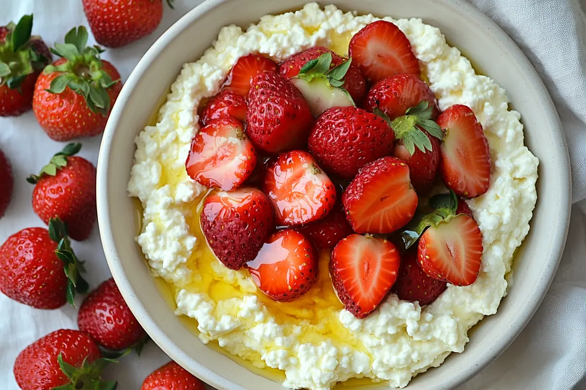 A bowl of cottage cheese strawberry dip.