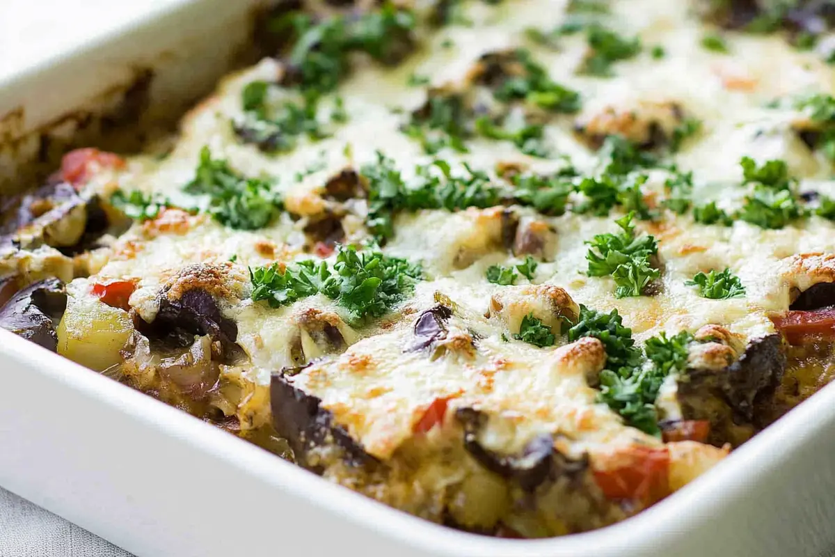 Eggplant casserole in a baking dish, ready to serve.