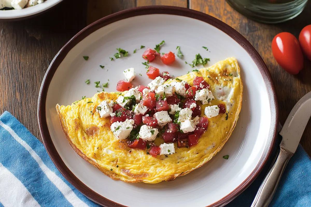 Delicious greek omelette with feta cheese and fresh ingredients.