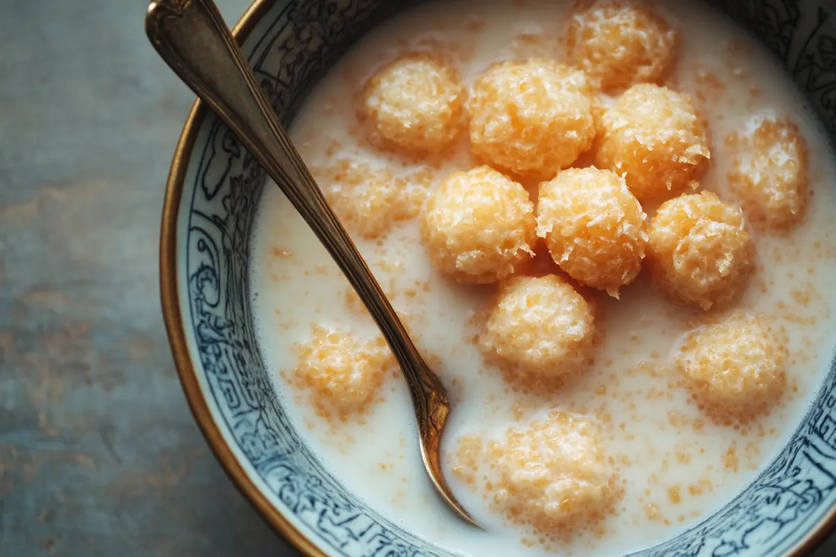 A bowl of honey cereal with milk.