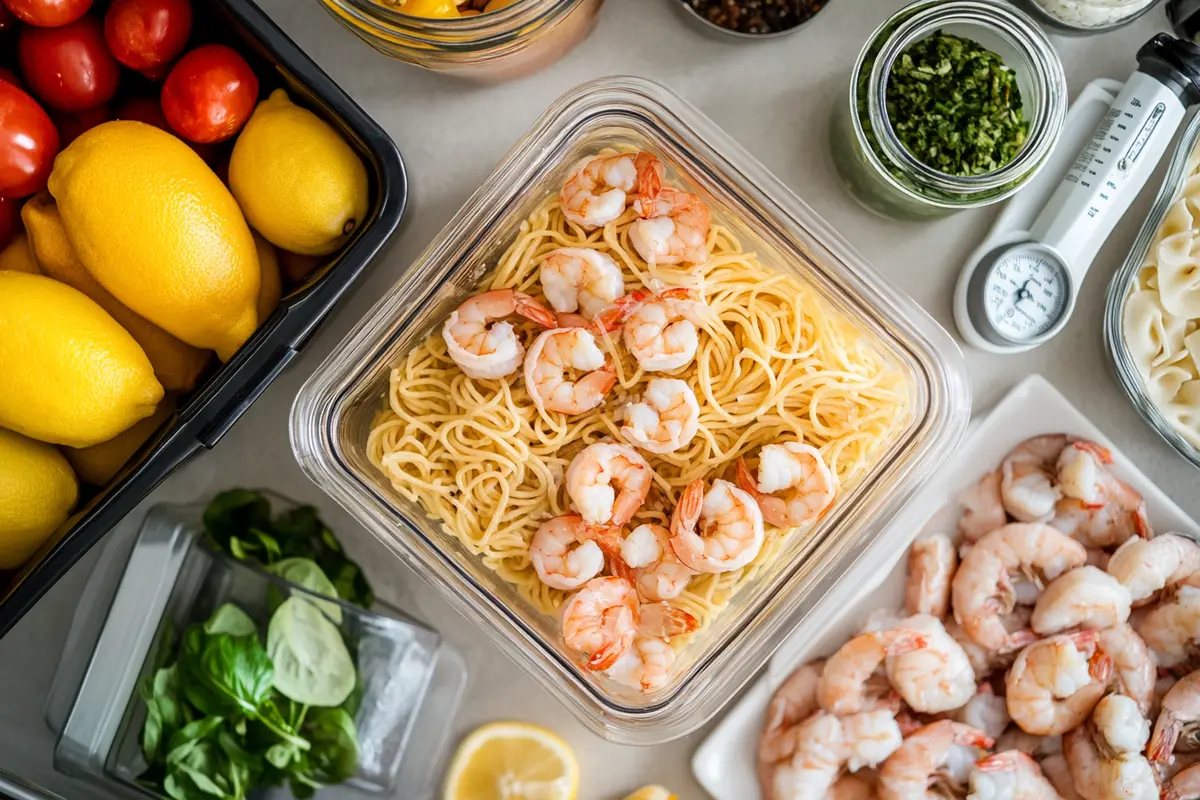 How Long Is Leftover Shrimp Pasta Good For, showing a container of shrimp pasta and a thermometer.