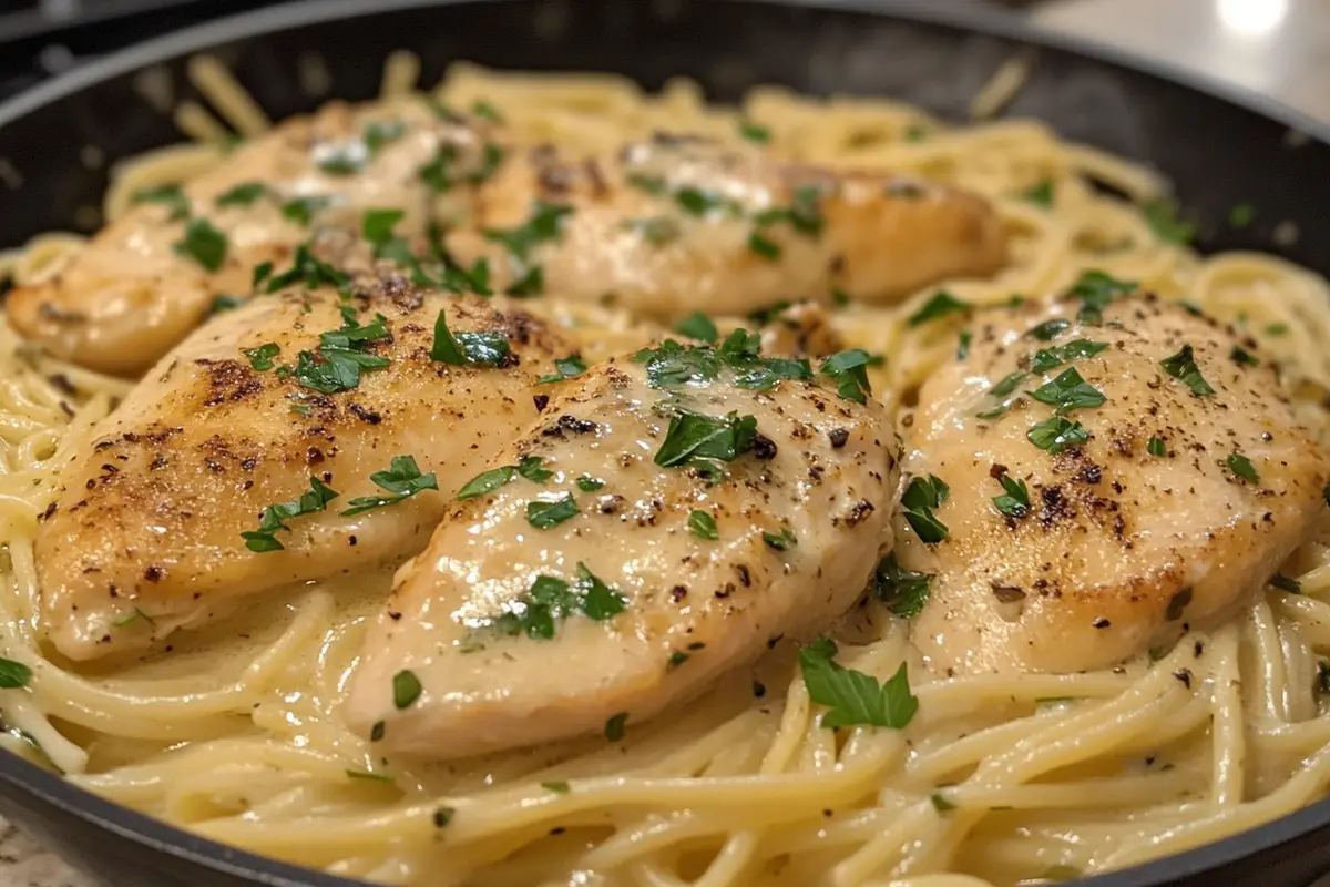 Marry Me Chicken Pasta served in a skillet