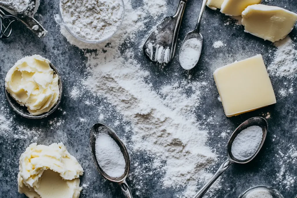 ngredients for vanilla buttercream frosting, including butter, powdered sugar, and vanilla extract.